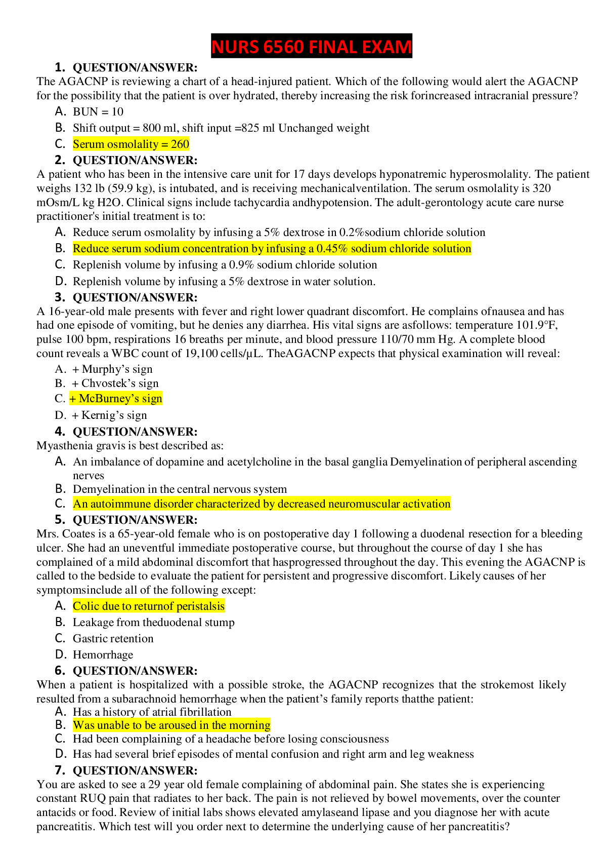 Preview image for NURS 6560 ADVANCED PRACTICE CARE OF ADULTS IN ACUTE CARE SETTINGS II FINAL EXAM Answers are highlighted in red color (GRADED A+)